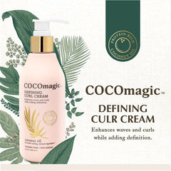 Cocomagic Defining Curl Cream close-up on hair shows shine and frizz-free strands.