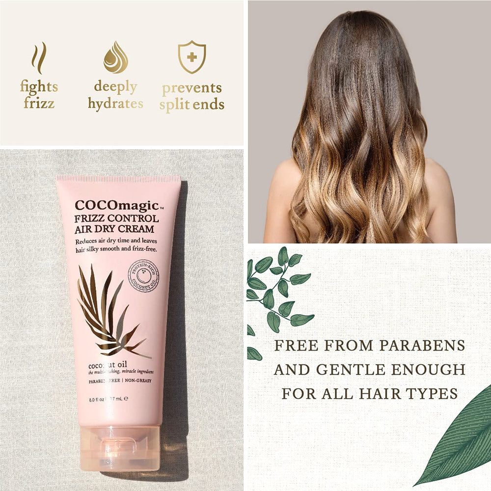 Cocomagic Frizz Control coconut oil ingredients showcase hydration and shine benefits.