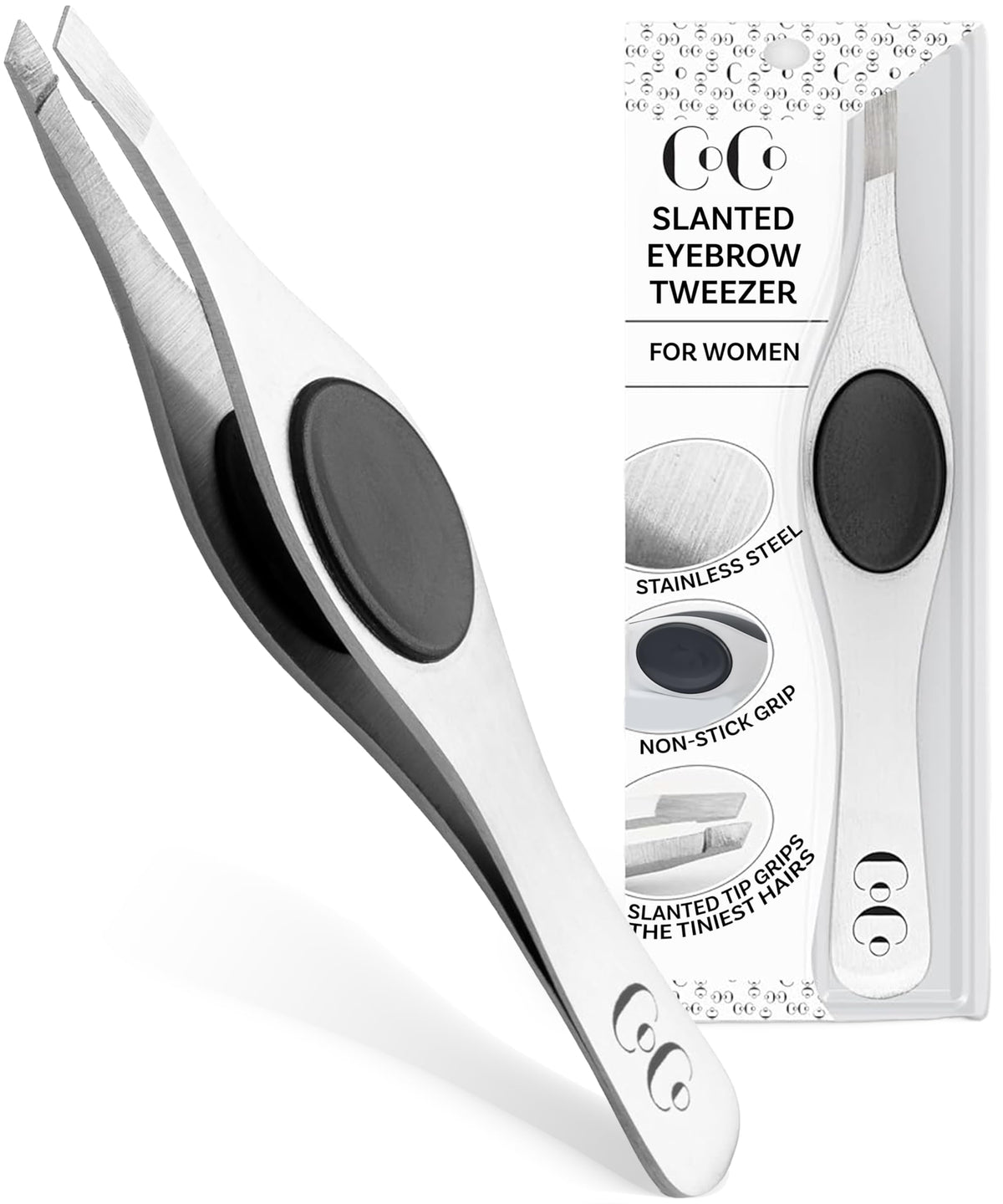Coco's Closet stainless steel slant tweezers closeup tip for precise facial hair removal