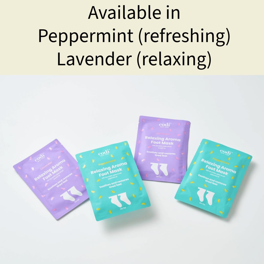 Codi New York Relaxing Aroma Foot Mask home-spa setting conveys relaxing foot care.