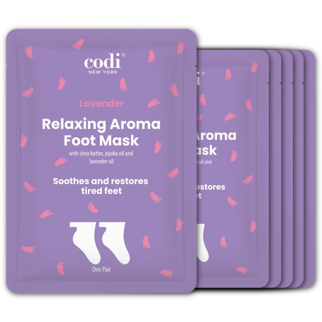 Codi New York Relaxing Aroma Foot Mask packaging front shows lavender hydration benefits.