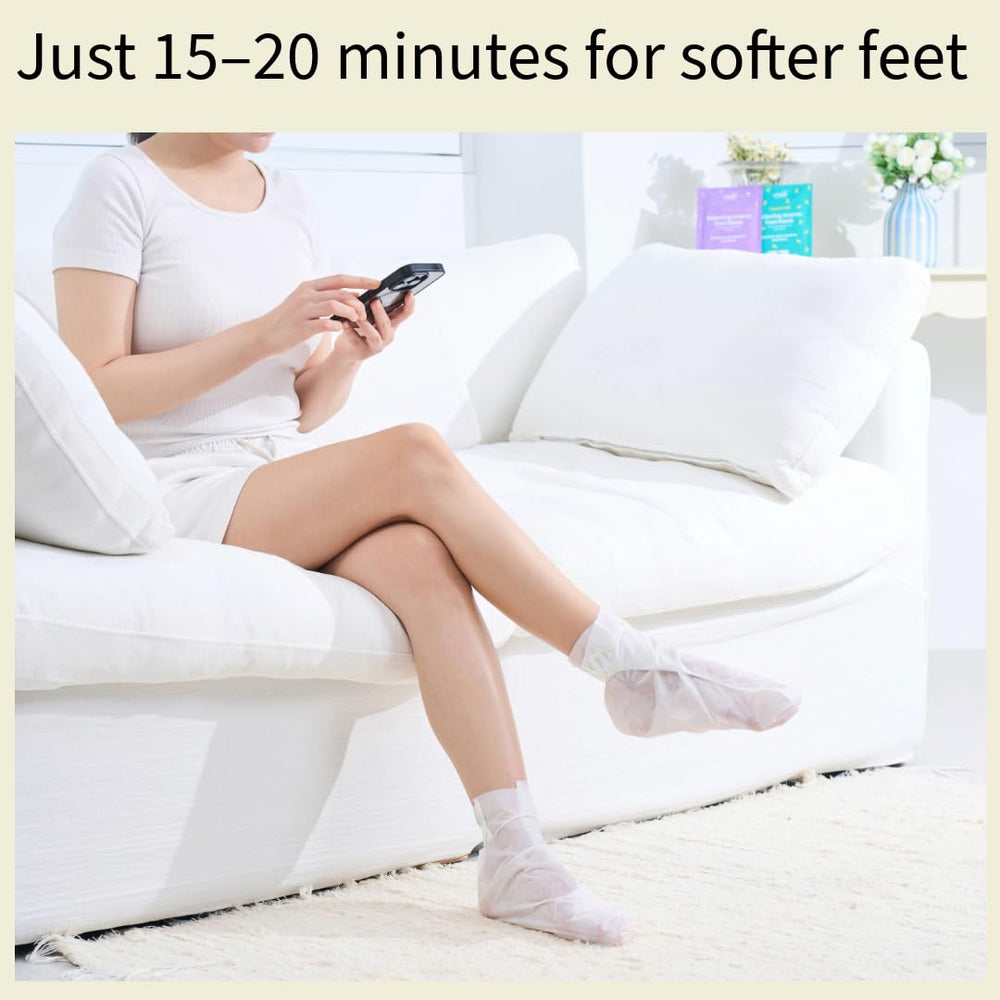 Codi New York Relaxing Aroma Foot Mask socks on feet illustrate flexible, comfortable foot treatment.
