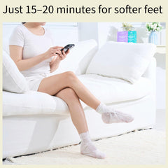 Codi New York Relaxing Aroma Foot Mask socks on feet illustrate flexible, comfortable foot treatment.