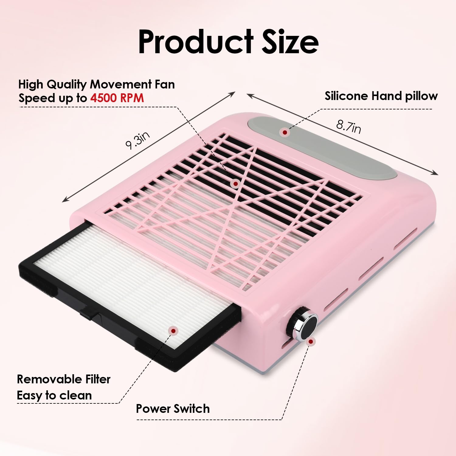 CoFashion nail dust collector exhaust ports close-up demonstrating dust direction control