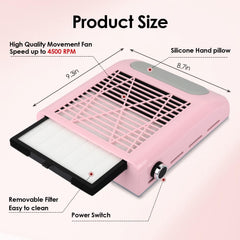 CoFashion nail dust collector exhaust ports close-up demonstrating dust direction control
