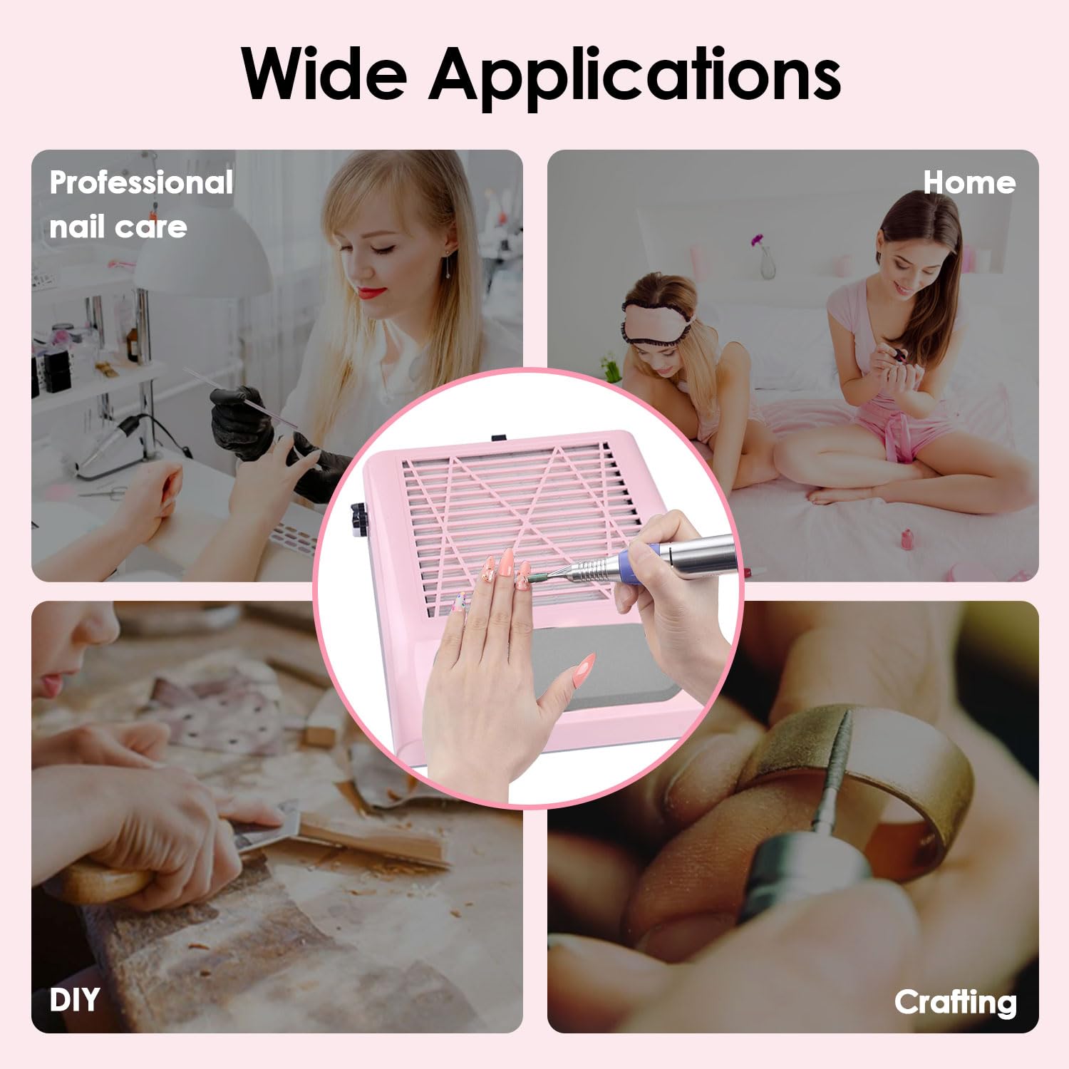 CoFashion nail dust collector in-use with nail drill for acrylic nails