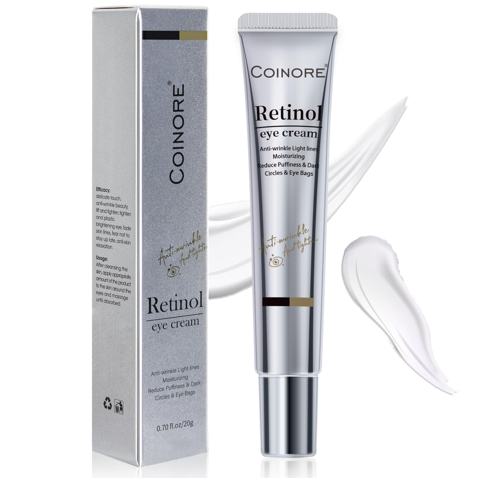 Coinore Retinol Under Eye Cream jar closeup highlighting premium formula for refreshed eyes