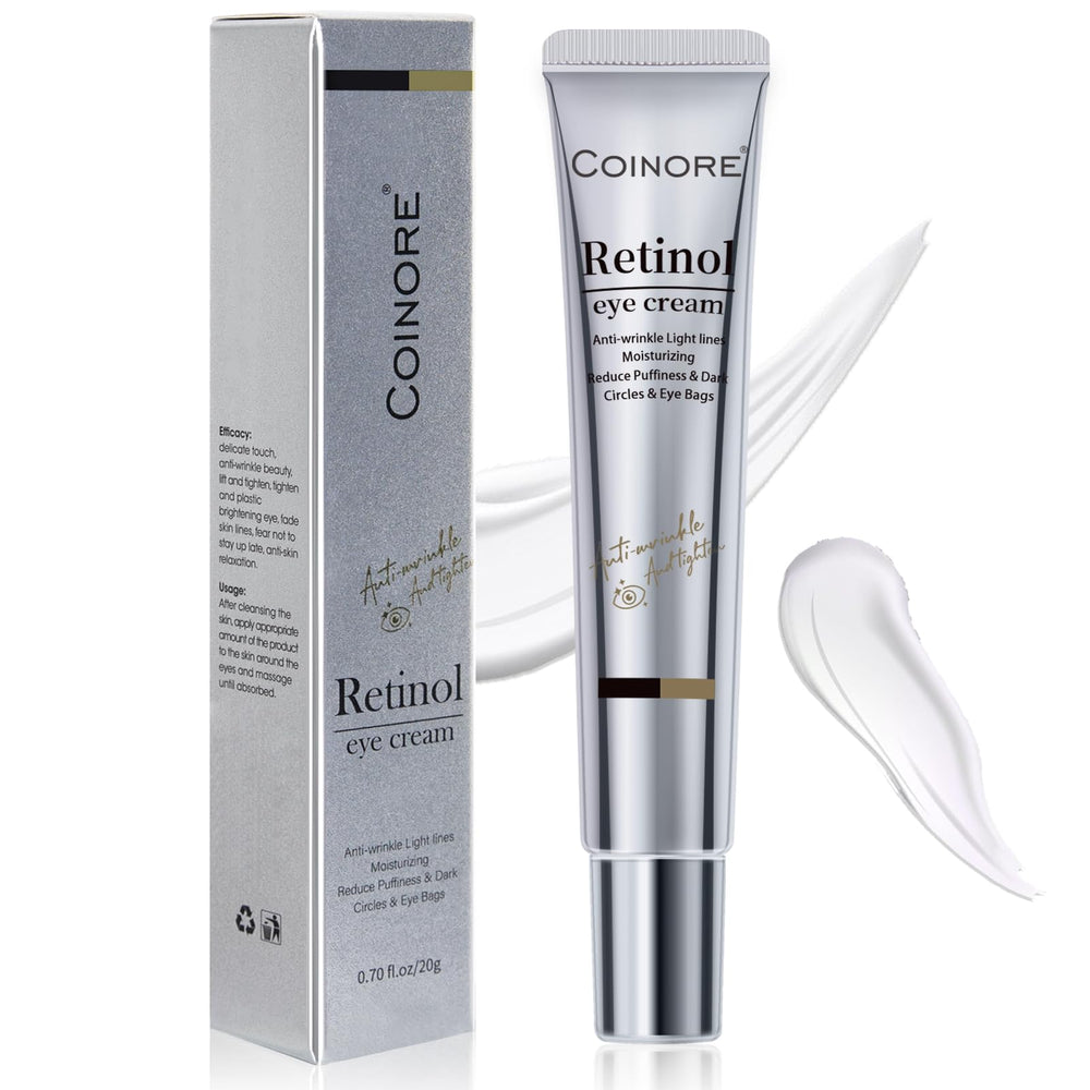 Coinore Retinol Under Eye Cream jar closeup highlighting premium formula for refreshed eyes