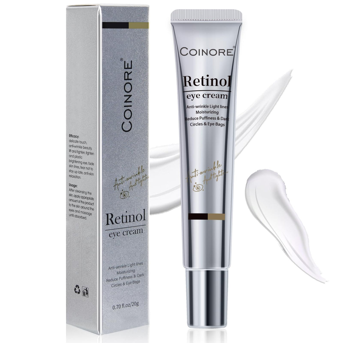 Coinore Retinol Under Eye Cream jar closeup highlighting premium formula for refreshed eyes
