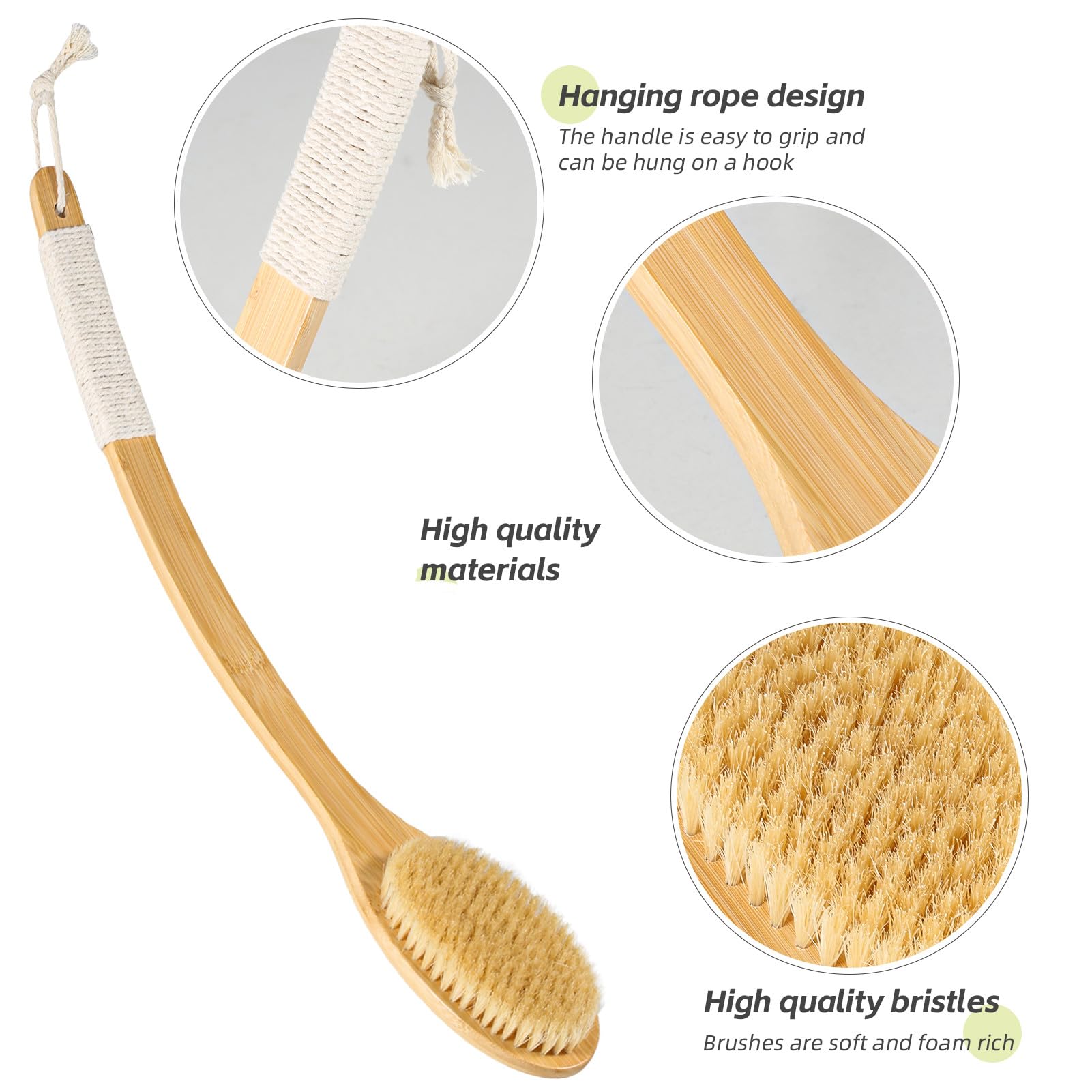 COINPOTIA Bath Body Brush side view with 22in handle, ideal for back scrubbing