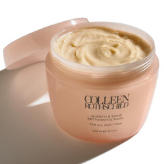 COLLEEN ROTHSCHILD Quench & Shine mask bottle shows lightweight hydration for color-safe shine.