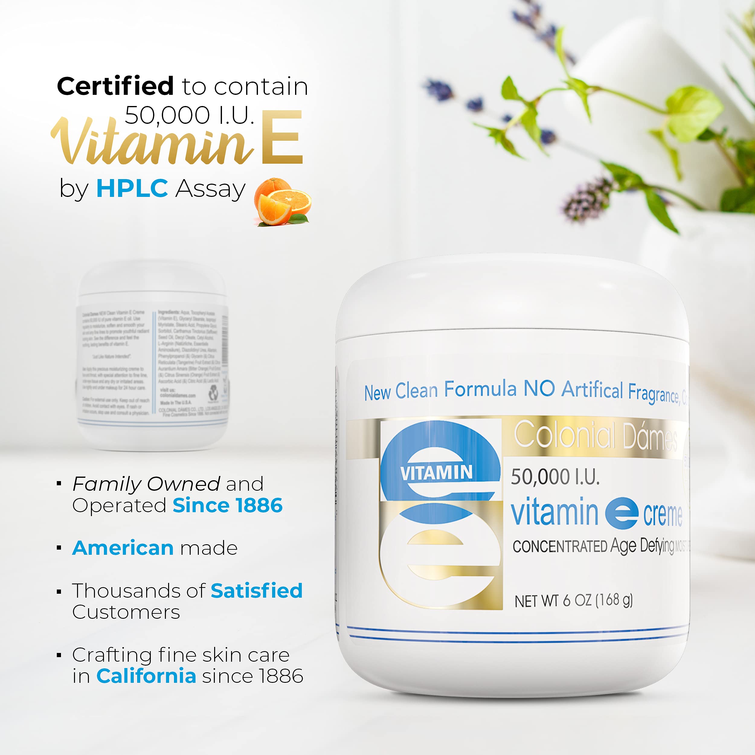 Colonial Dames Vitamin E cream applied to face for daily moisture.