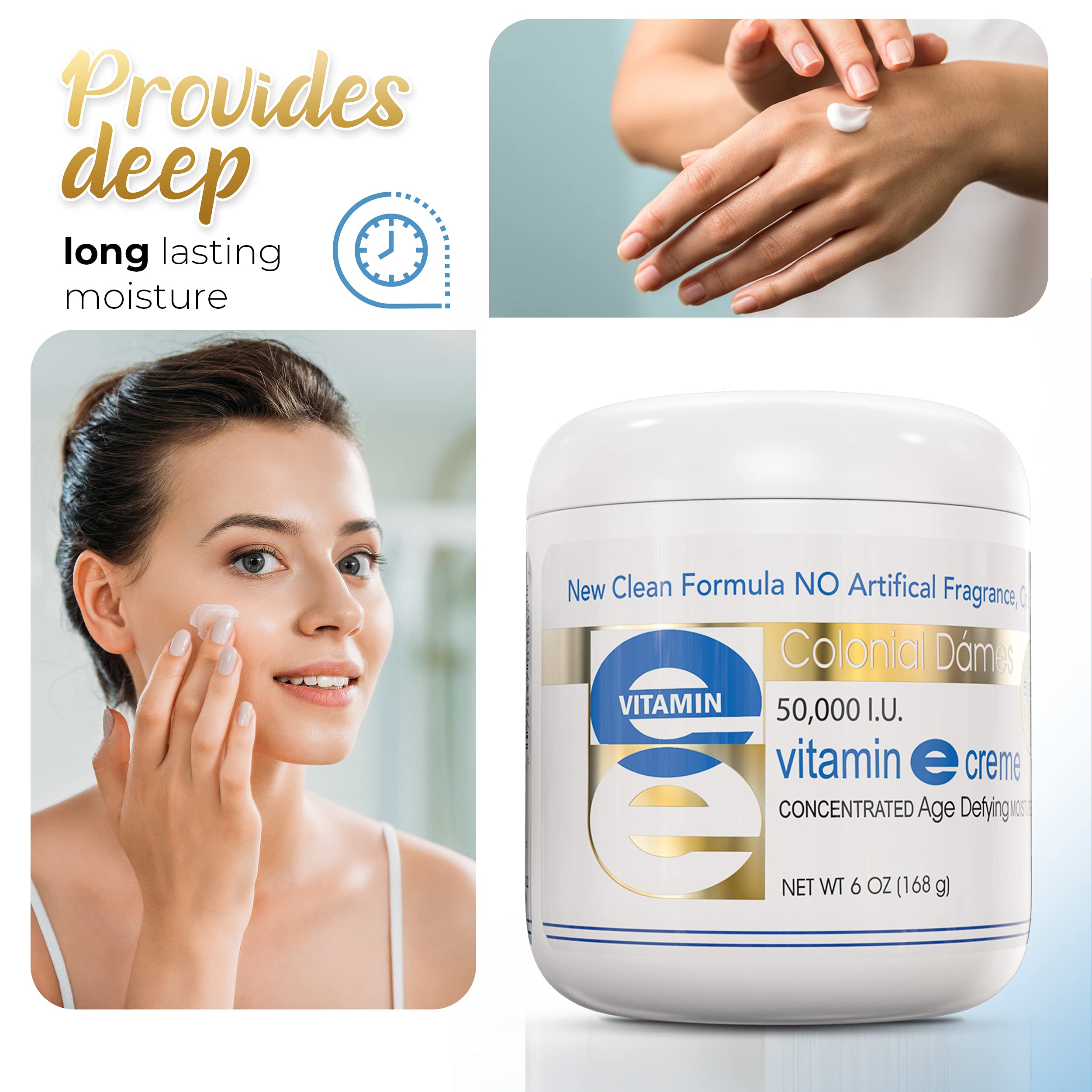 Colonial Dames Vitamin E cream ingredients with safflower and citrus extracts.