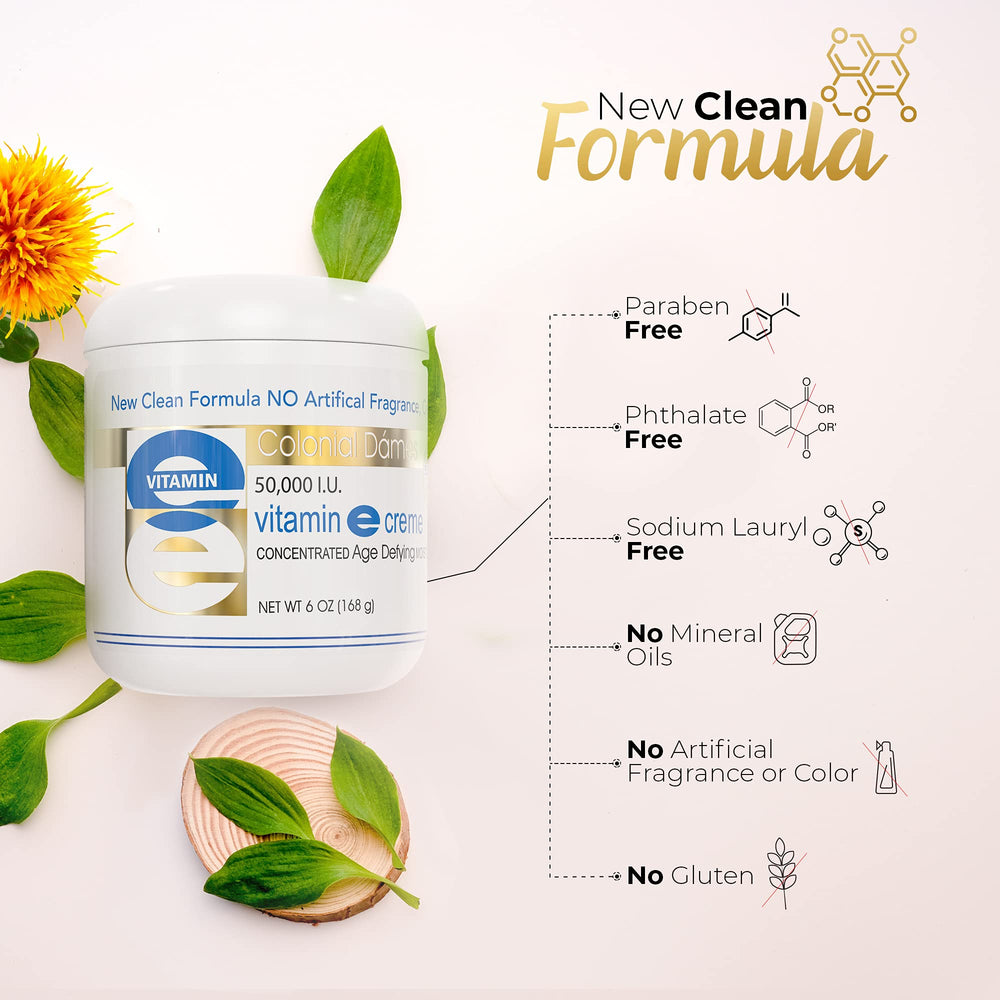 Colonial Dames Vitamin E cream label highlights high-potency 50,000 IU.