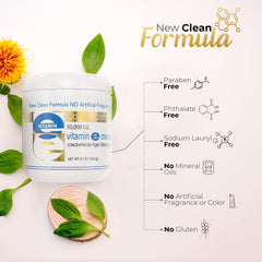Colonial Dames Vitamin E cream label highlights high-potency 50,000 IU.