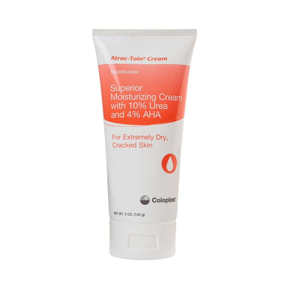 Coloplast Atrac-Tain cream tube shows a 5-ounce size for at-home intensive moisturization.