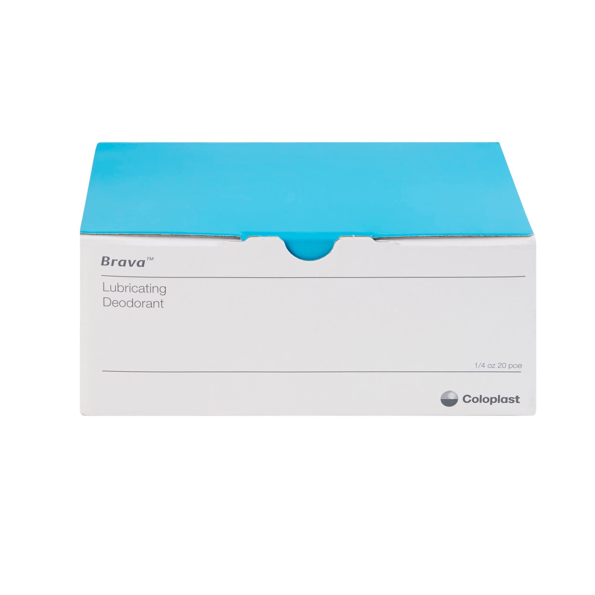 Coloplast Brava lubricating deodorant sachet close-up highlighting portable 0.27 oz packets