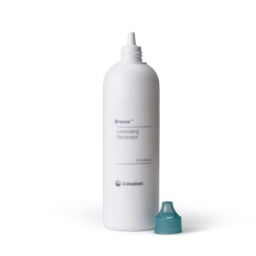 Coloplast Brava ostomy deodorant lubricant application demonstrates smooth surface for easier emptying.