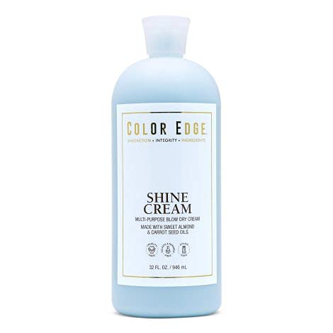 Color Edge Shine Cream bottle enhances detangling and shine for smooth, manageable hair.