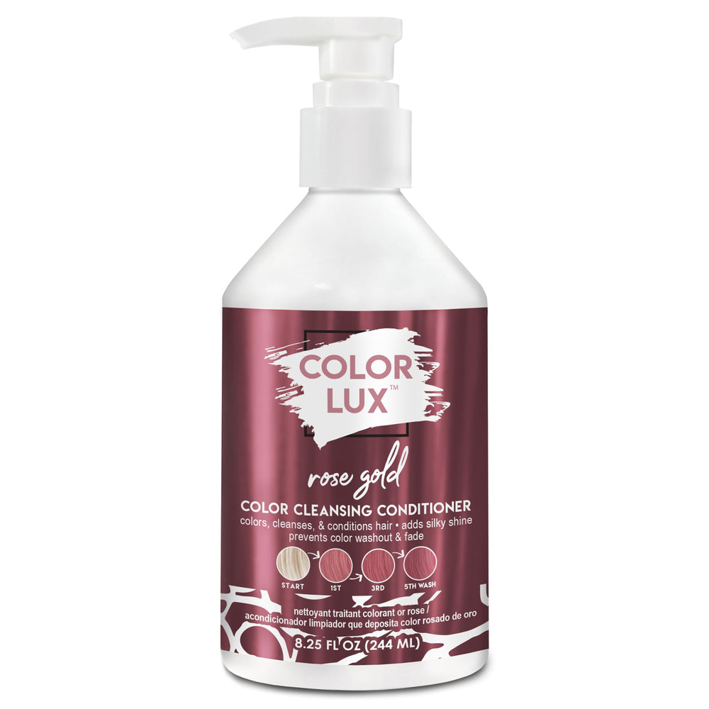 Color Lux Color Cleansing Conditioner Rose Gold bottle shows vibrant color deposit for radiant hair