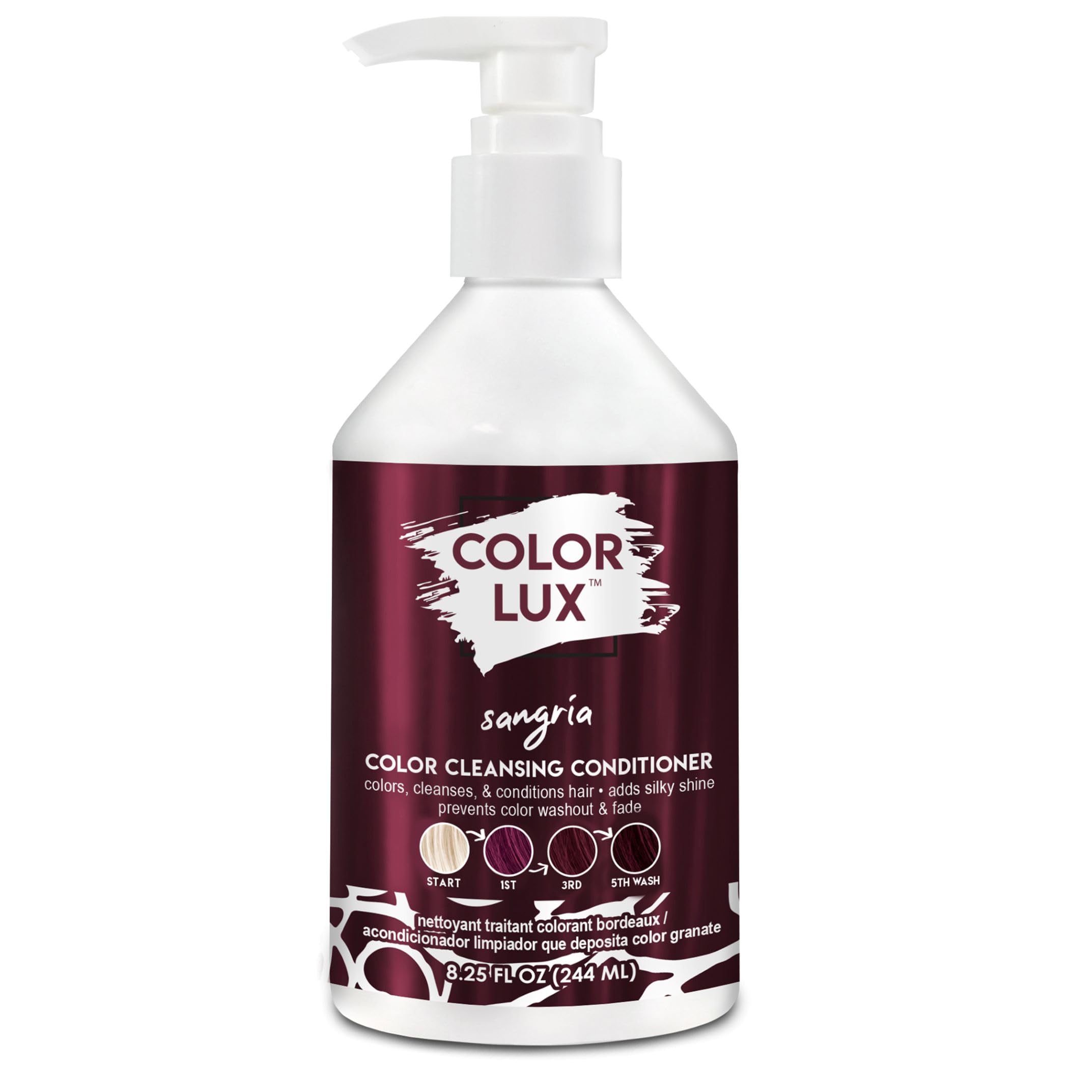 Color Lux Sangria bottle close-up shows rich color deposit and luxe conditioning.