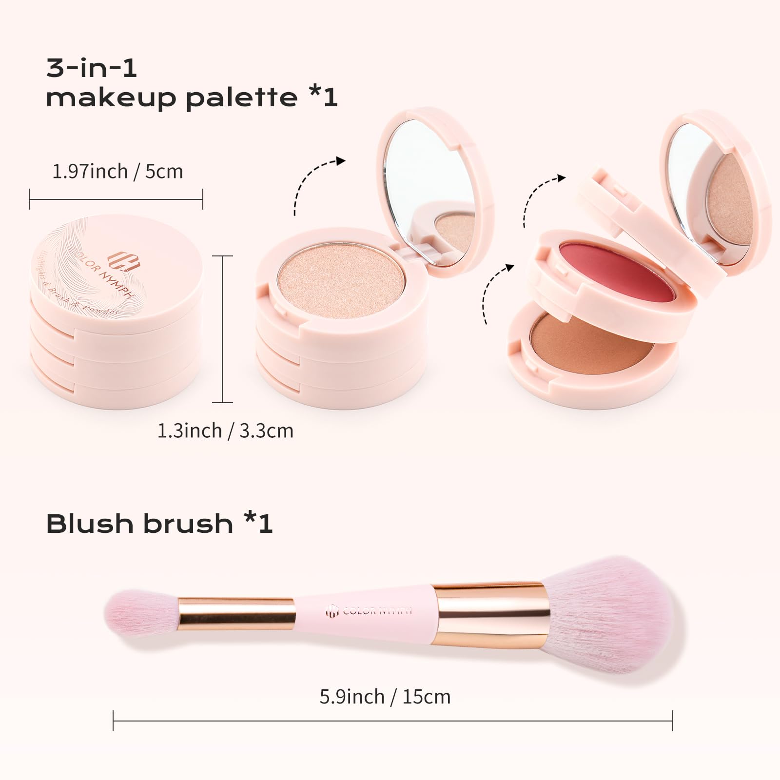 Color Nymph 3Colors Contour Blush Highlighter Palette open showing multitask shade layout.