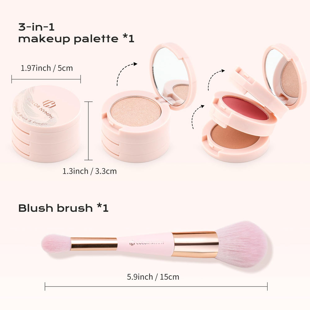 Color Nymph 3Colors Contour Blush Highlighter Palette open showing multitask shade layout.