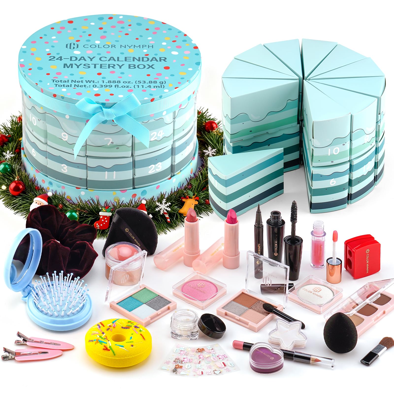 Color Nymph advent calendar cake-shaped packaging showcases festive gift design.