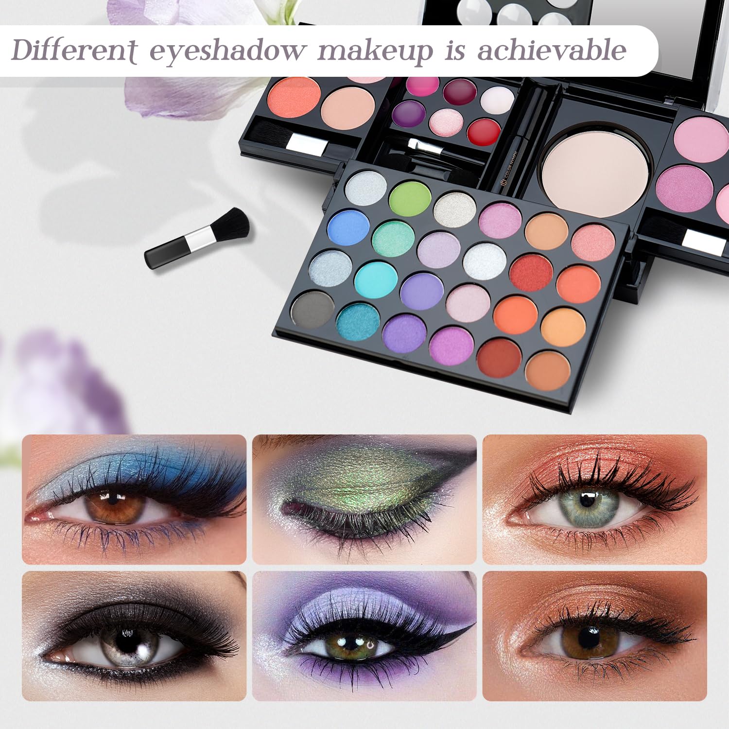 Color Nymph pressed powder and brushes for seamless finishing.