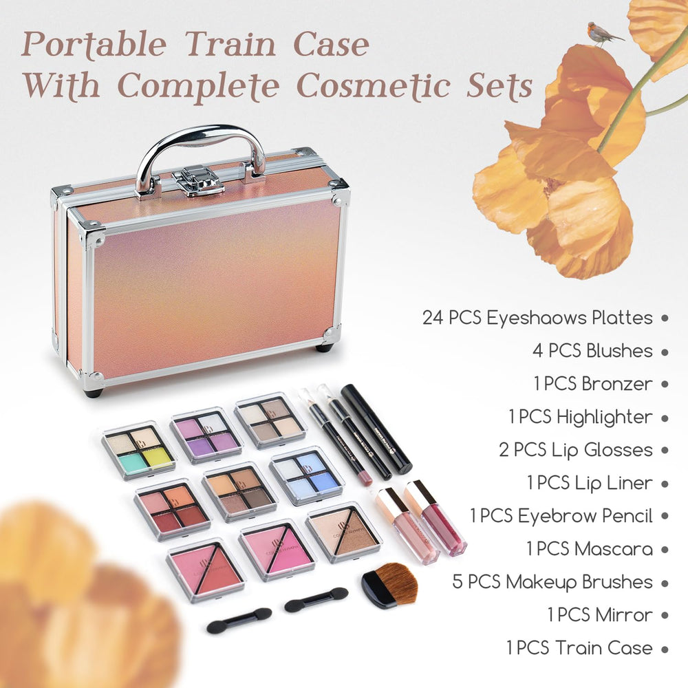 Color Nymph beginner makeup kit train case open, organized makeup essentials for quick touch-ups.
