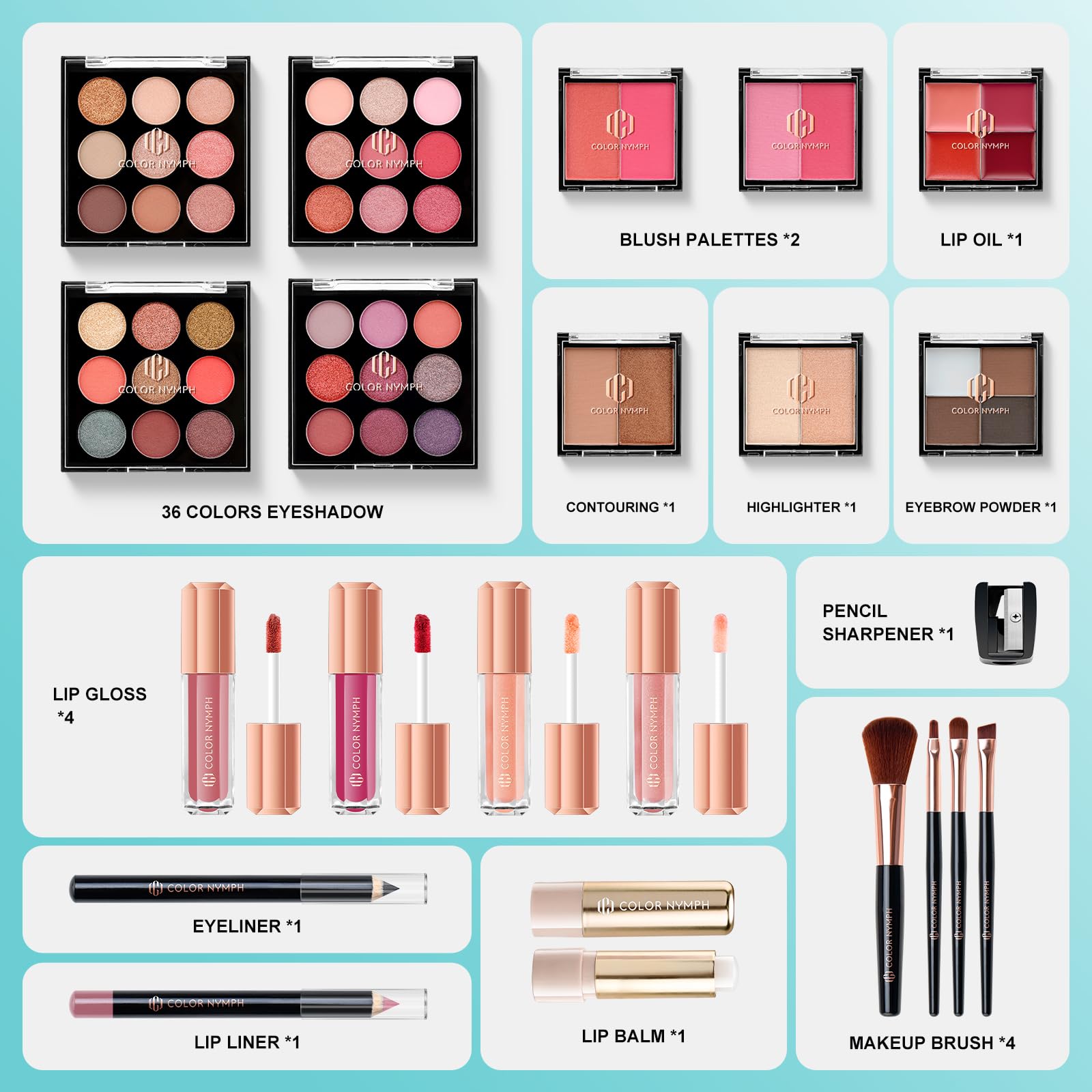 Color Nymph eyeshadow palette with 36 colors offering matte and pearl finishes for versatile looks