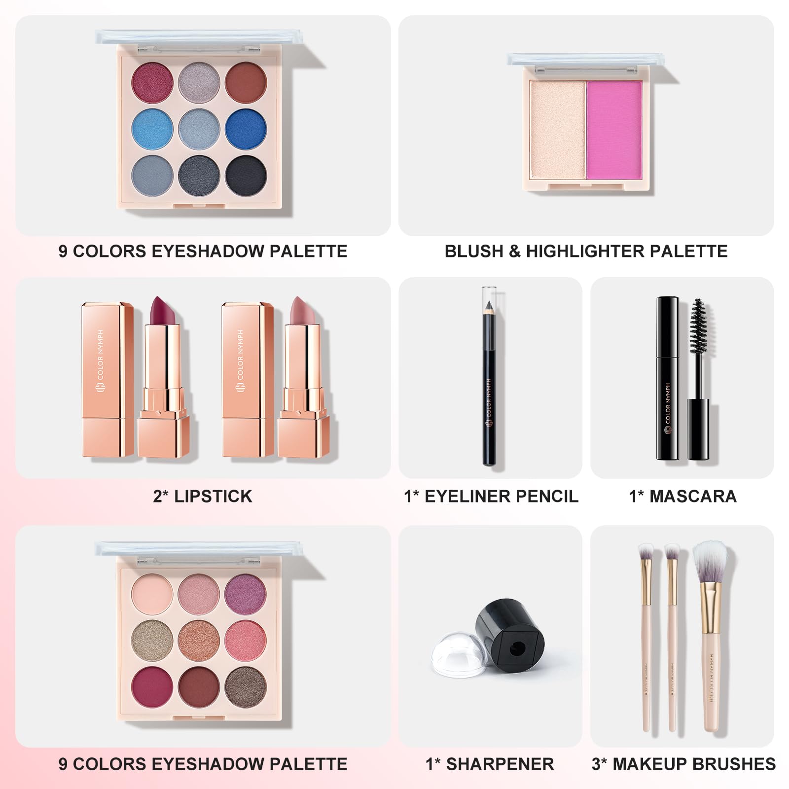 Color Nymph eyeshadow palette 9 colors closeup — vibrant shades for versatile looks.