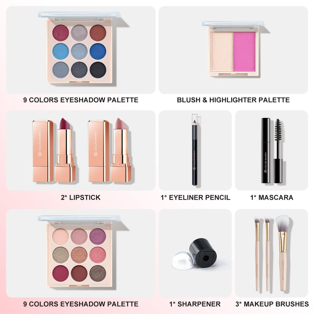 Color Nymph eyeshadow palette 9 colors closeup — vibrant shades for versatile looks.