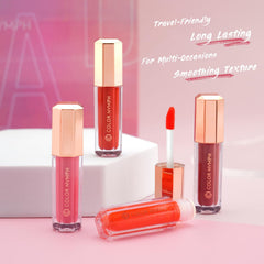 Color Nymph iridescent pink gloss swirl highlights light-catching shimmer on lips.