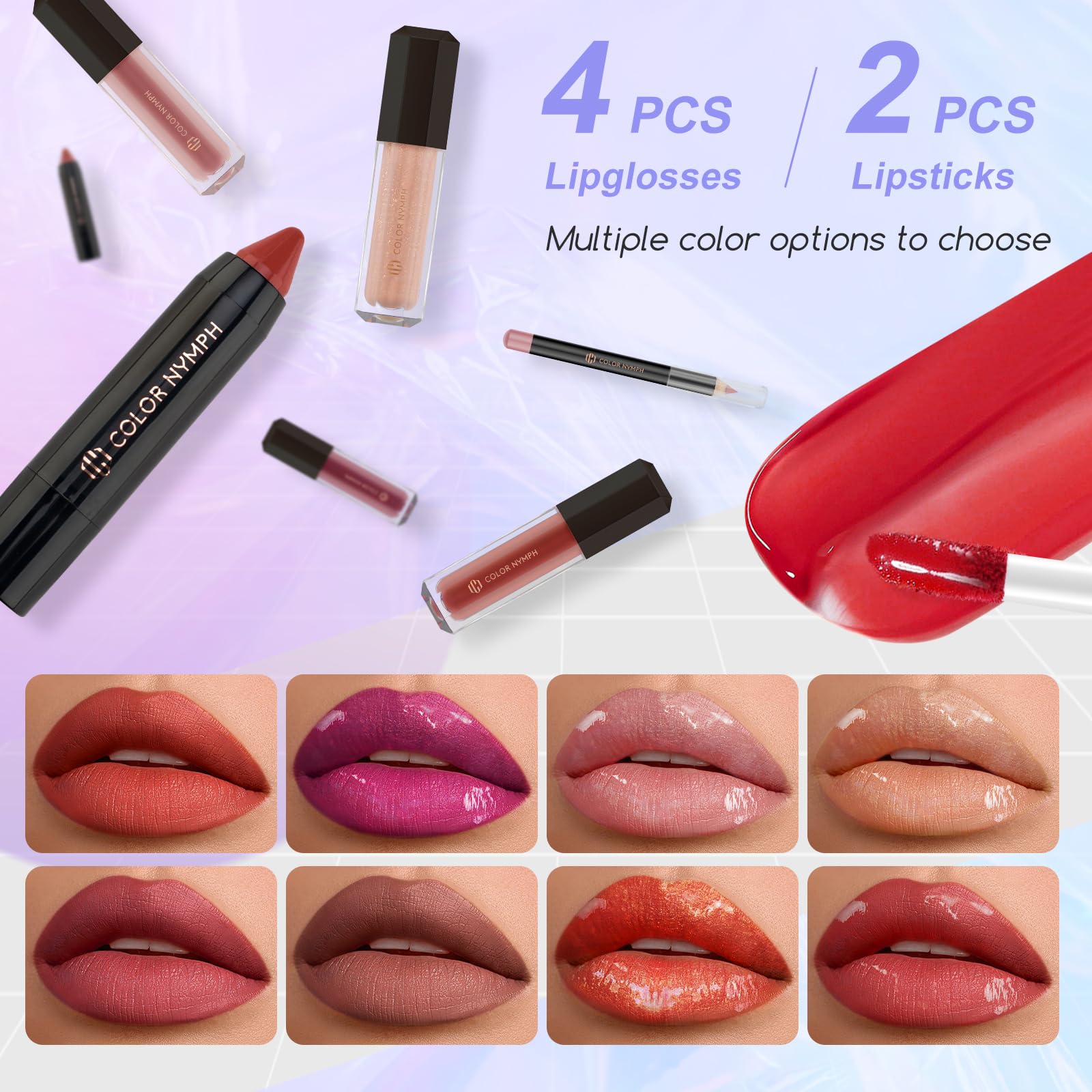 Color Nymph lipgloss and lipstick collection offers glossy color for daily wear and occasions.