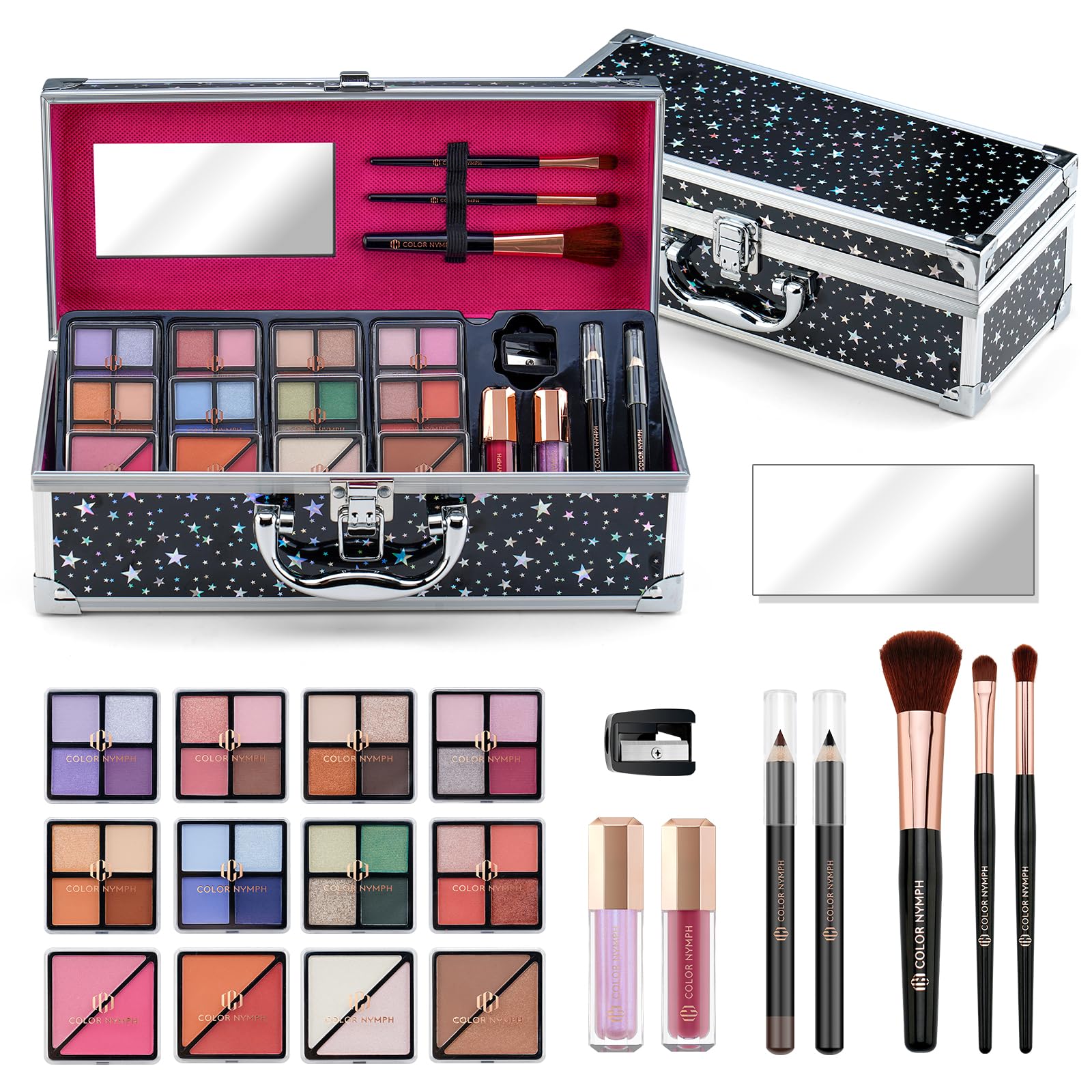 Color Nymph Starry Black train case closed for portable makeup storage