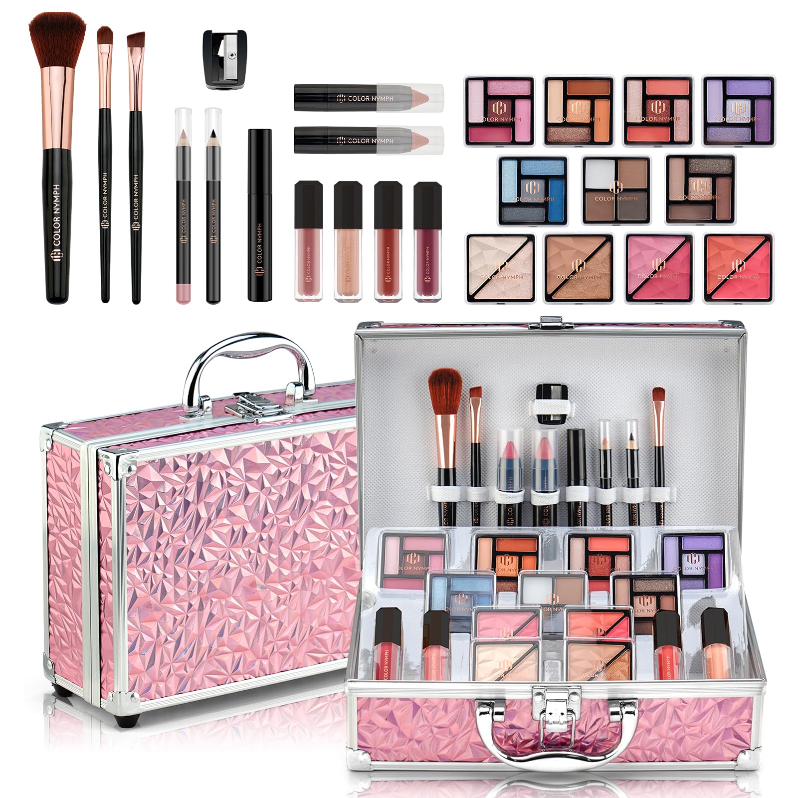 Color Nymph starter kit traincase pink opens with organized makeup storage for beginners