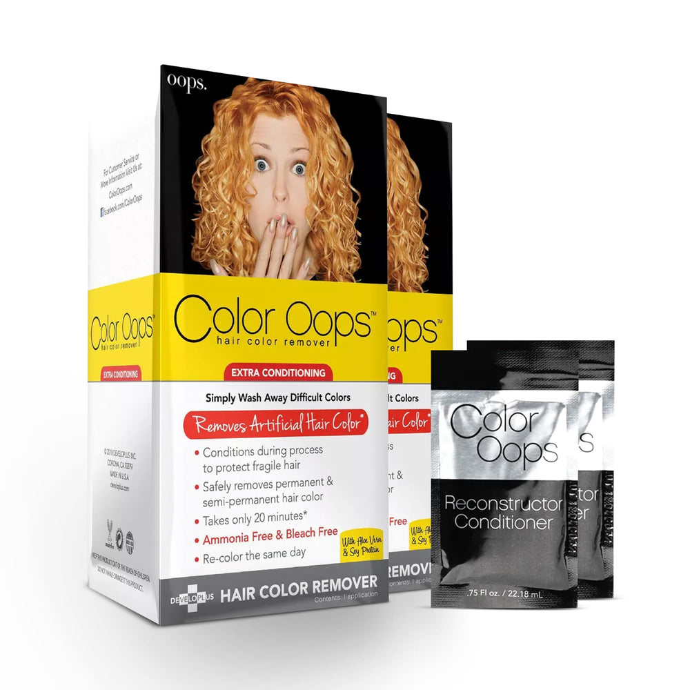 Color Oops Extra Conditioning bottle demonstrates safe dye removal for color correction.