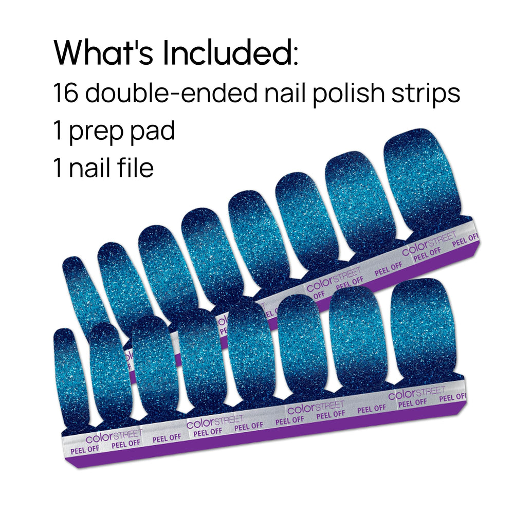 Color Street High Tide glitter finish showcased in lifestyle shot for party-ready nails.