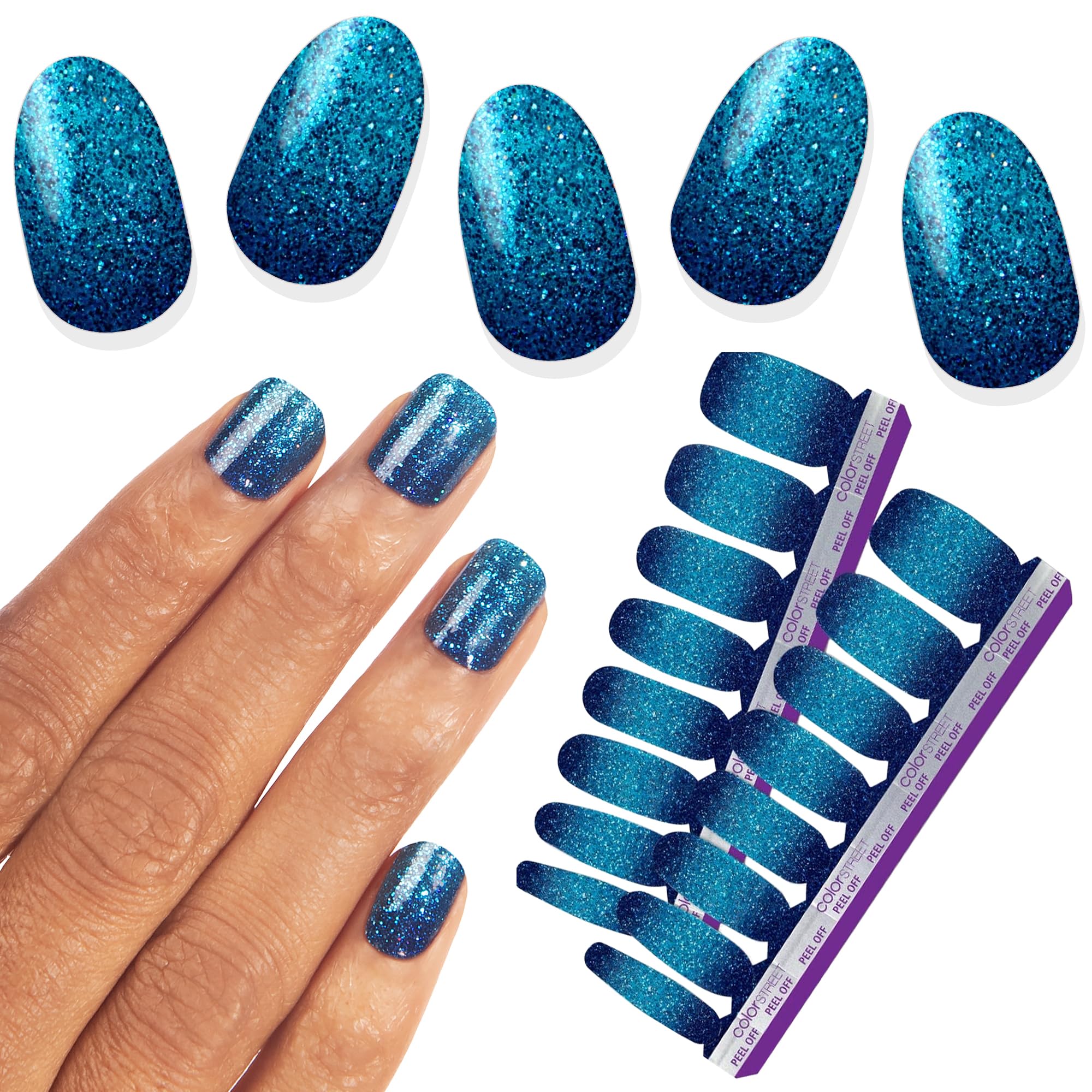 Color Street High Tide navy cobalt ombré glitter nails for ocean-inspired chic.