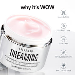 COLOR WOW applying treatment to damp hair demonstrating easy spread and protection