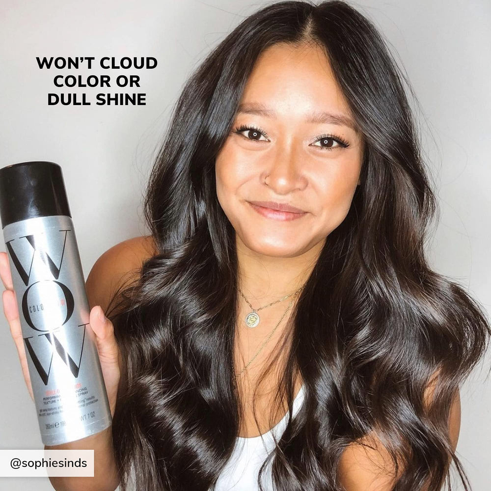 COLOR WOW bottle beside hair strand detail highlighting non-chalking translucent finish