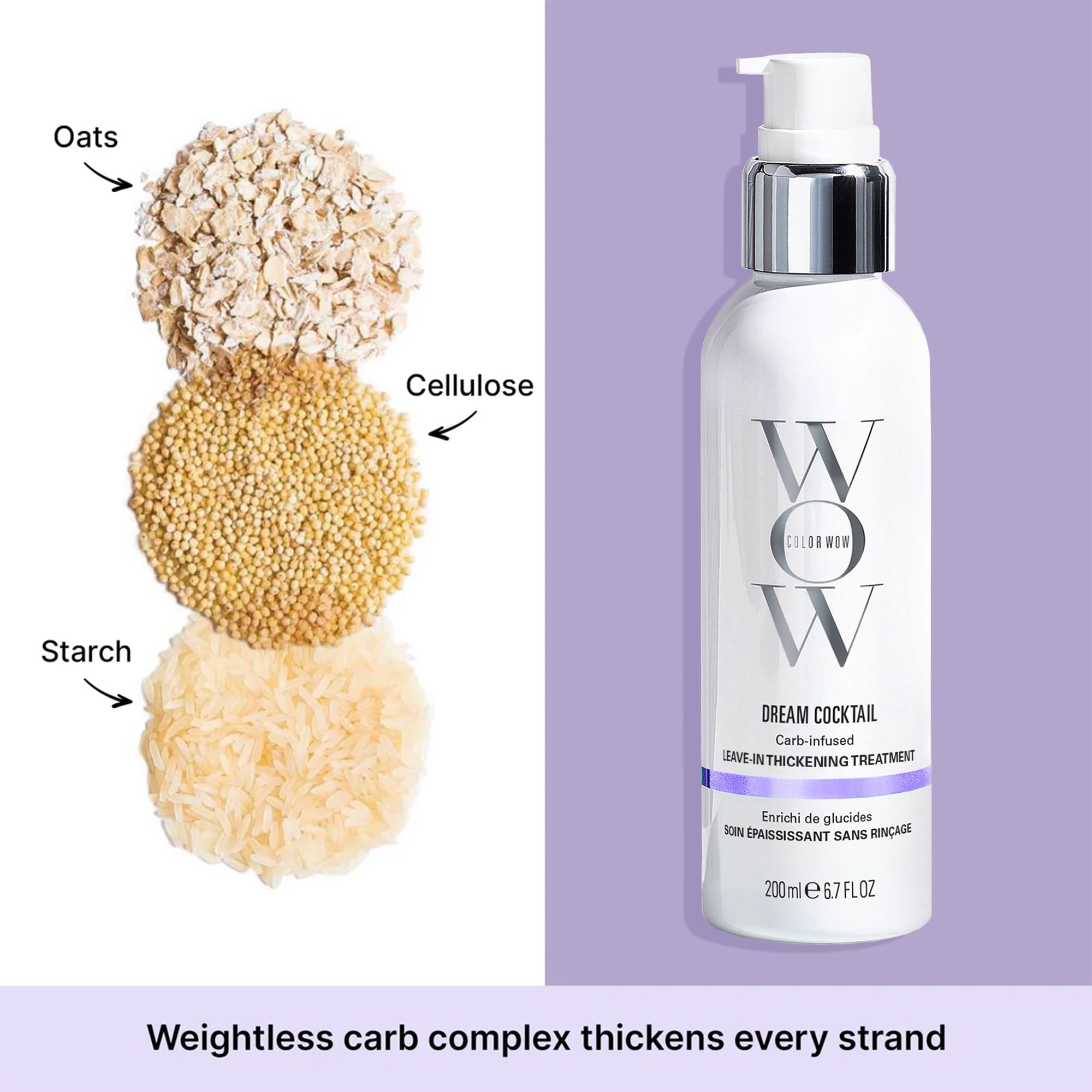 COLOR WOW carb complex texture close-up illustrating lightweight filler and volume benefit