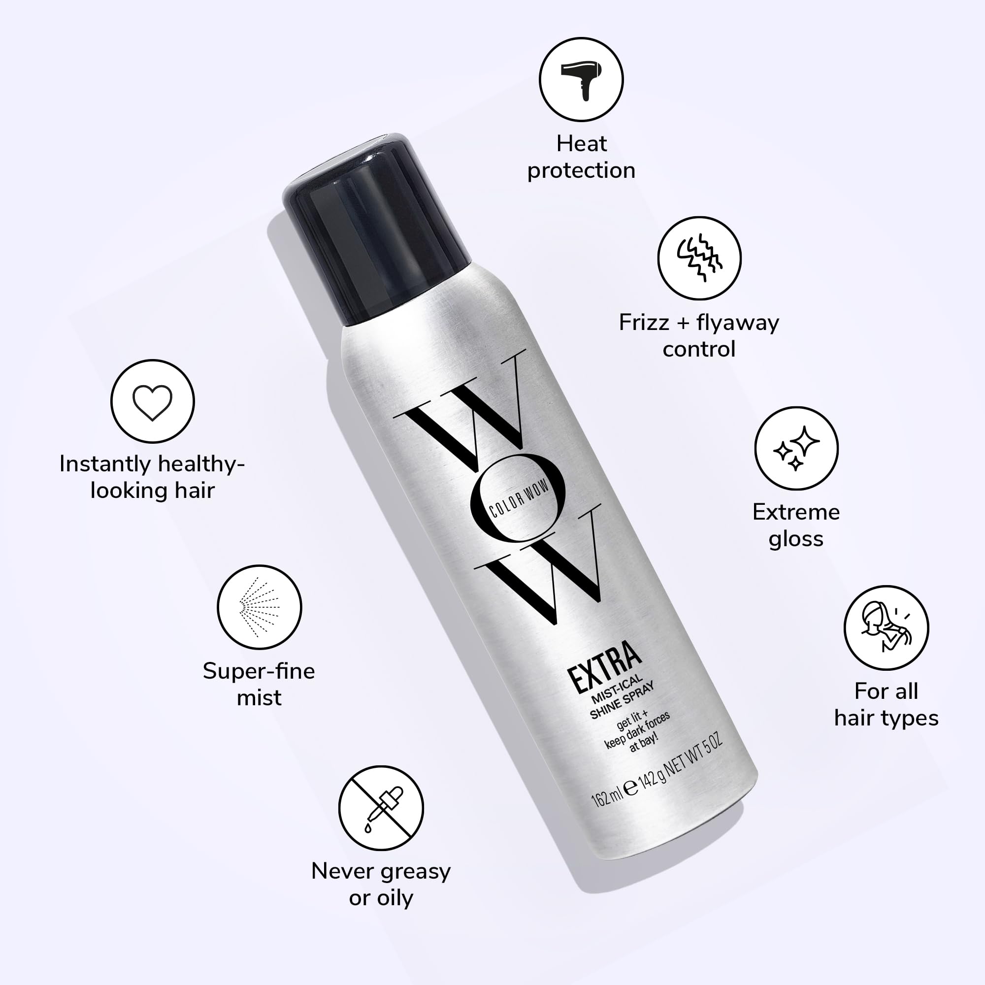 COLOR WOW mist close-up demonstrating ultra-fine spray and shine