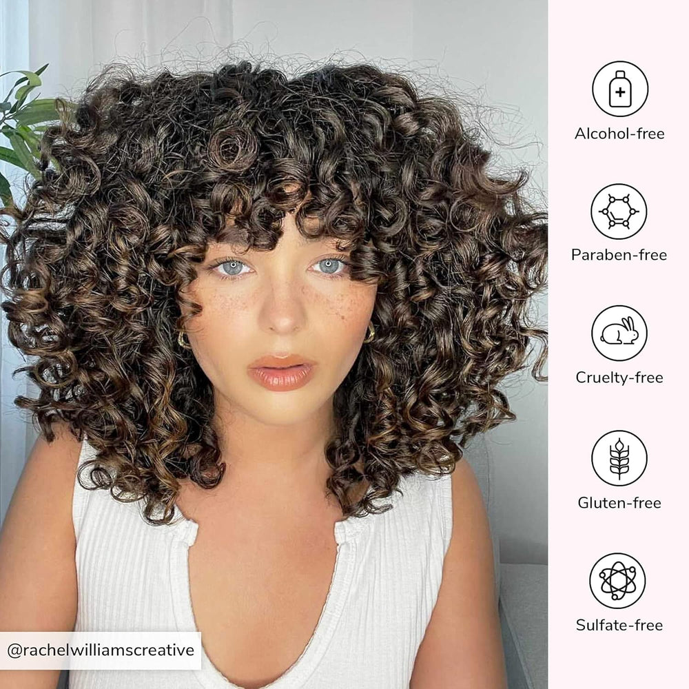 COLOR WOW Dream Coat on curly hair in use illustrating frizz reduction and enhanced curl bounce