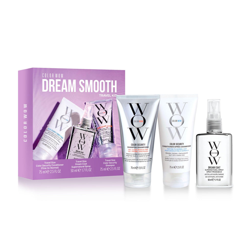 COLOR WOW travel kit front view showing shampoo conditioner and Dream Coat glossy finish