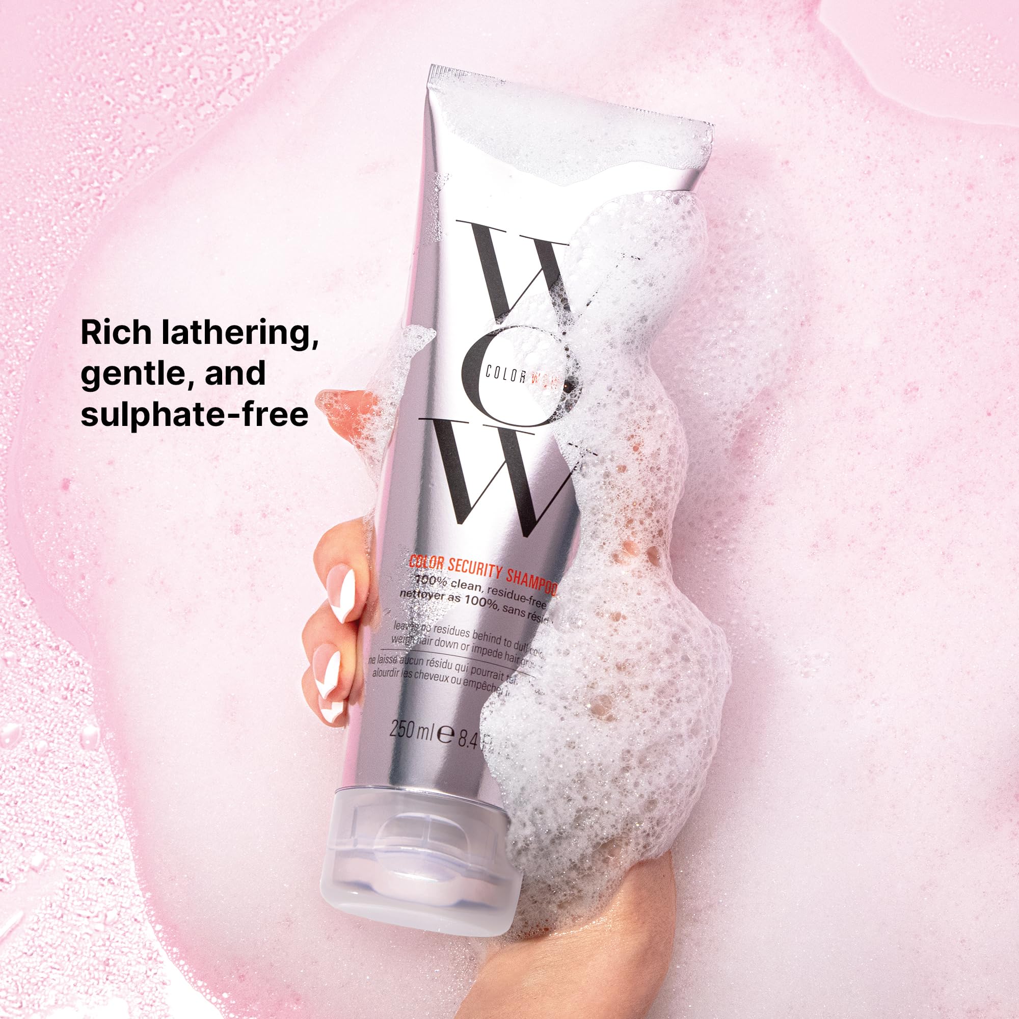 COLOR WOW in-shower use with hands lathering hair showing effective cleansing