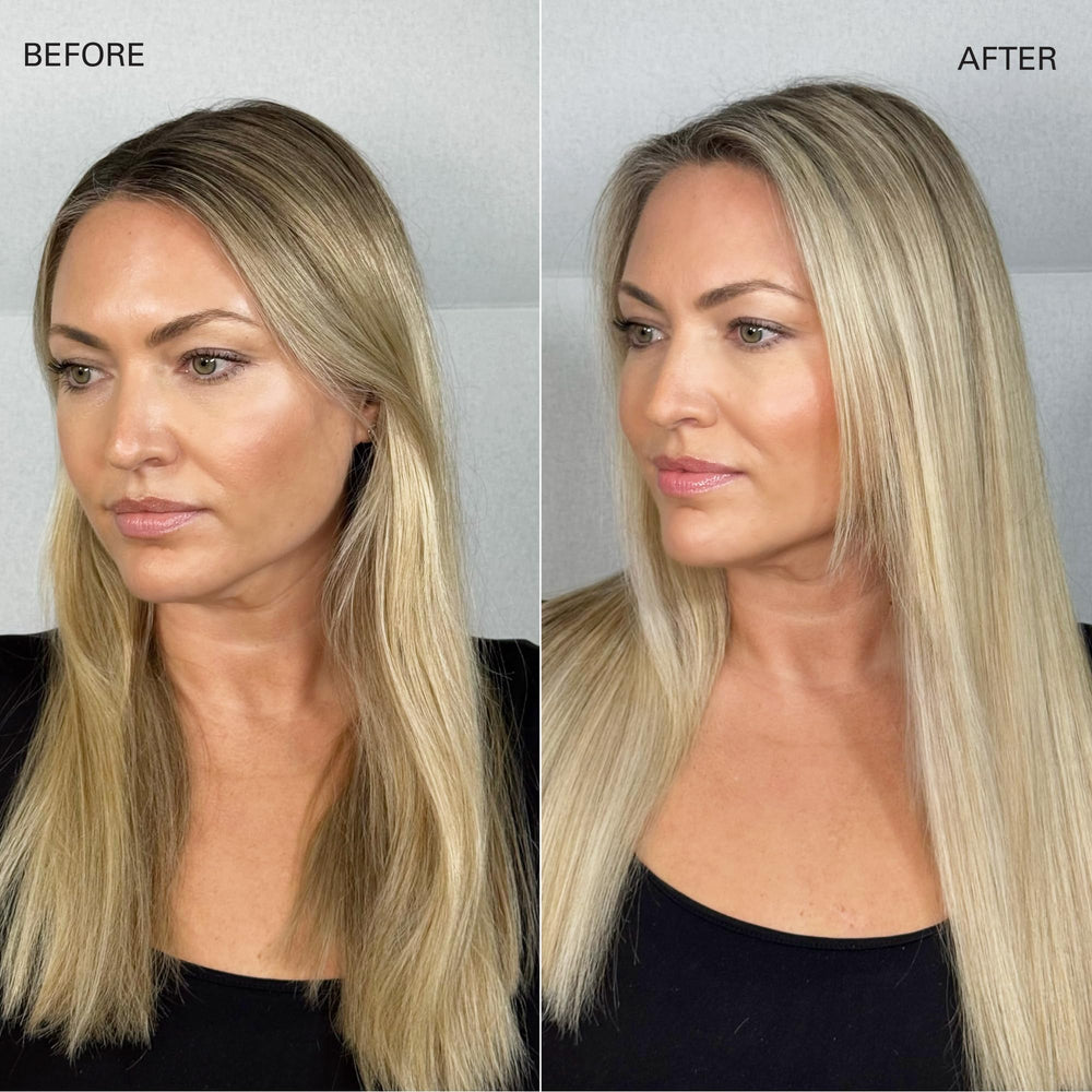 COLOR WOW applying spray to roots to remove oil and restore volume