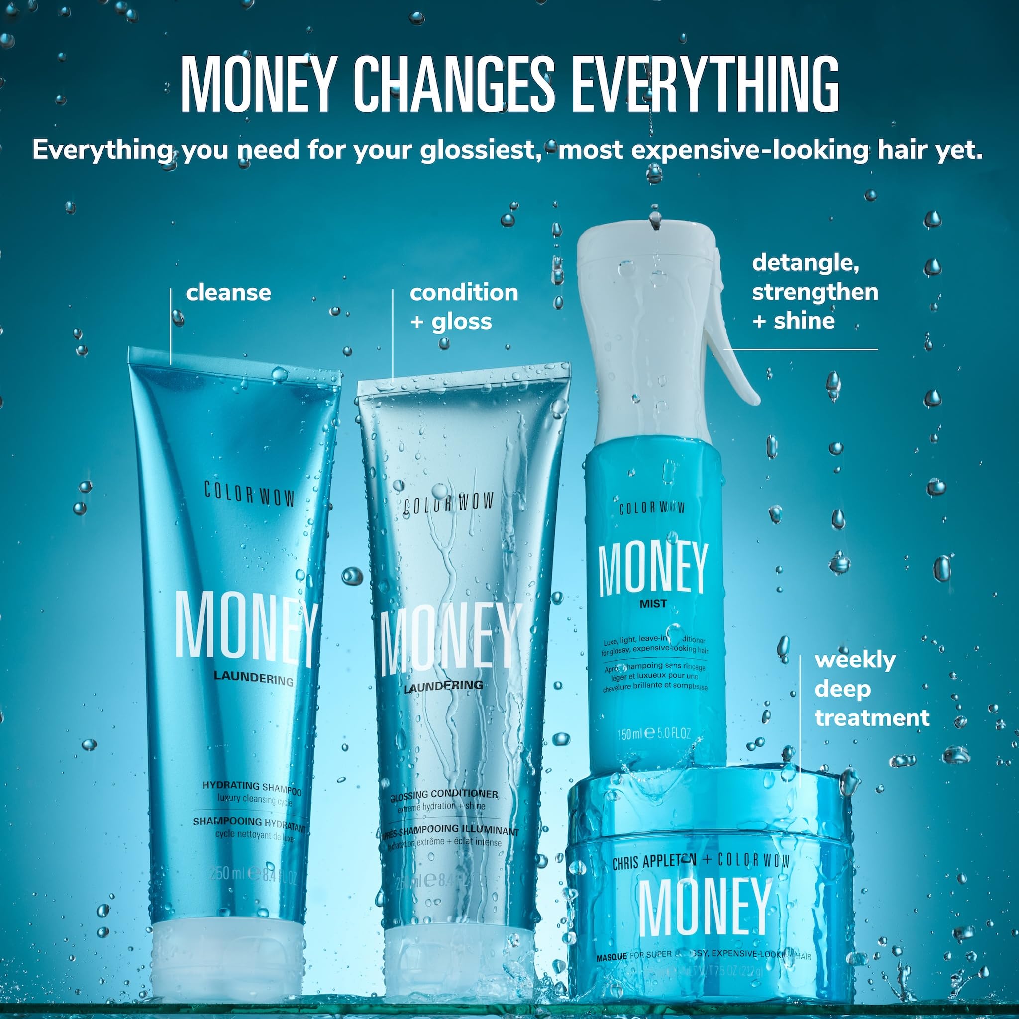 COLOR WOW Money Mist on vanity in a bathroom lifestyle scene for luxurious routine benefit