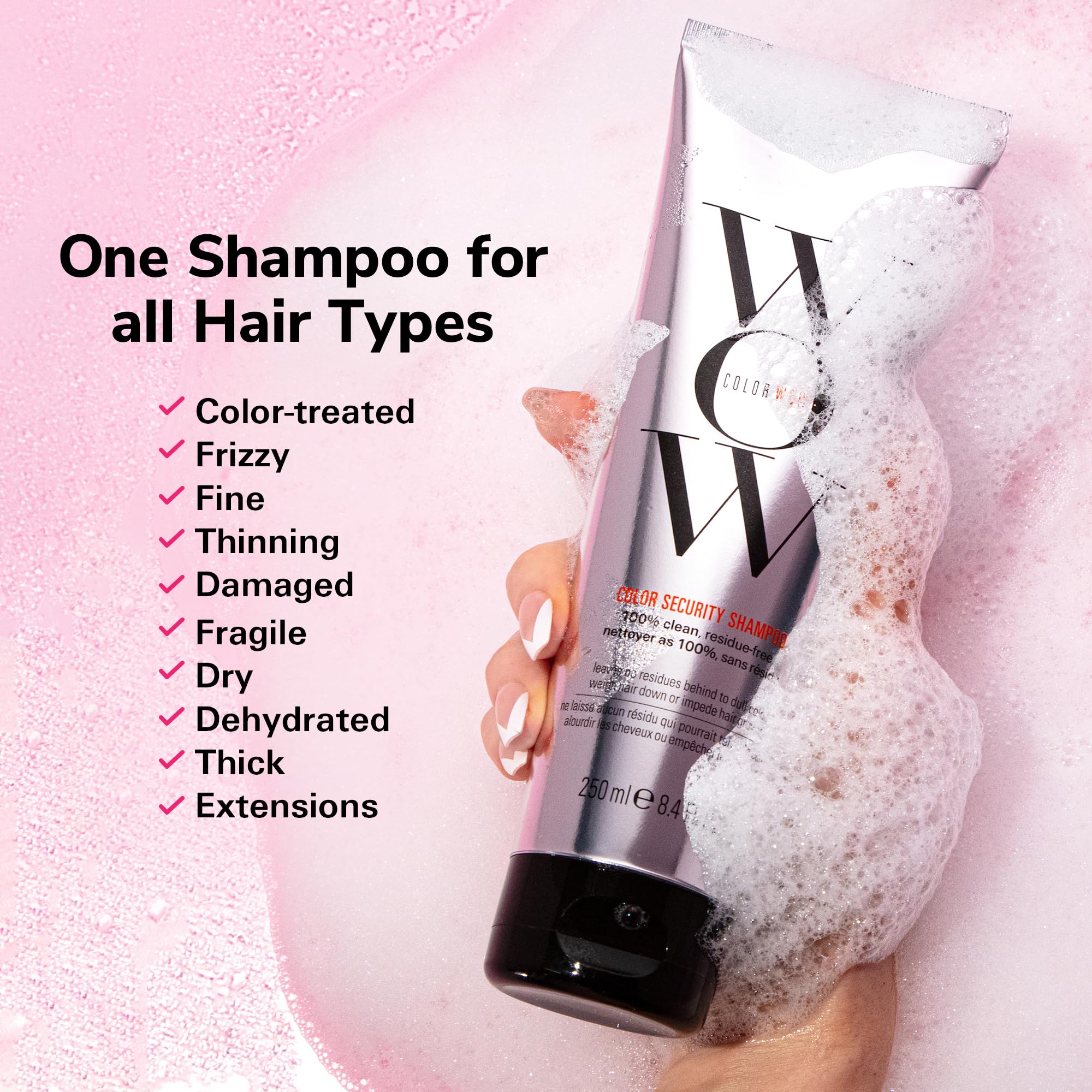 COLOR WOW shampoo lather pouring to show rich-foam texture and full rinse benefit for clean hair